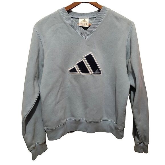 𝅺VTG 90’s Adidas Y2K Embroidered V Neck Logo Sweatshirt Womens M Light Blue - Picture 1 of 5